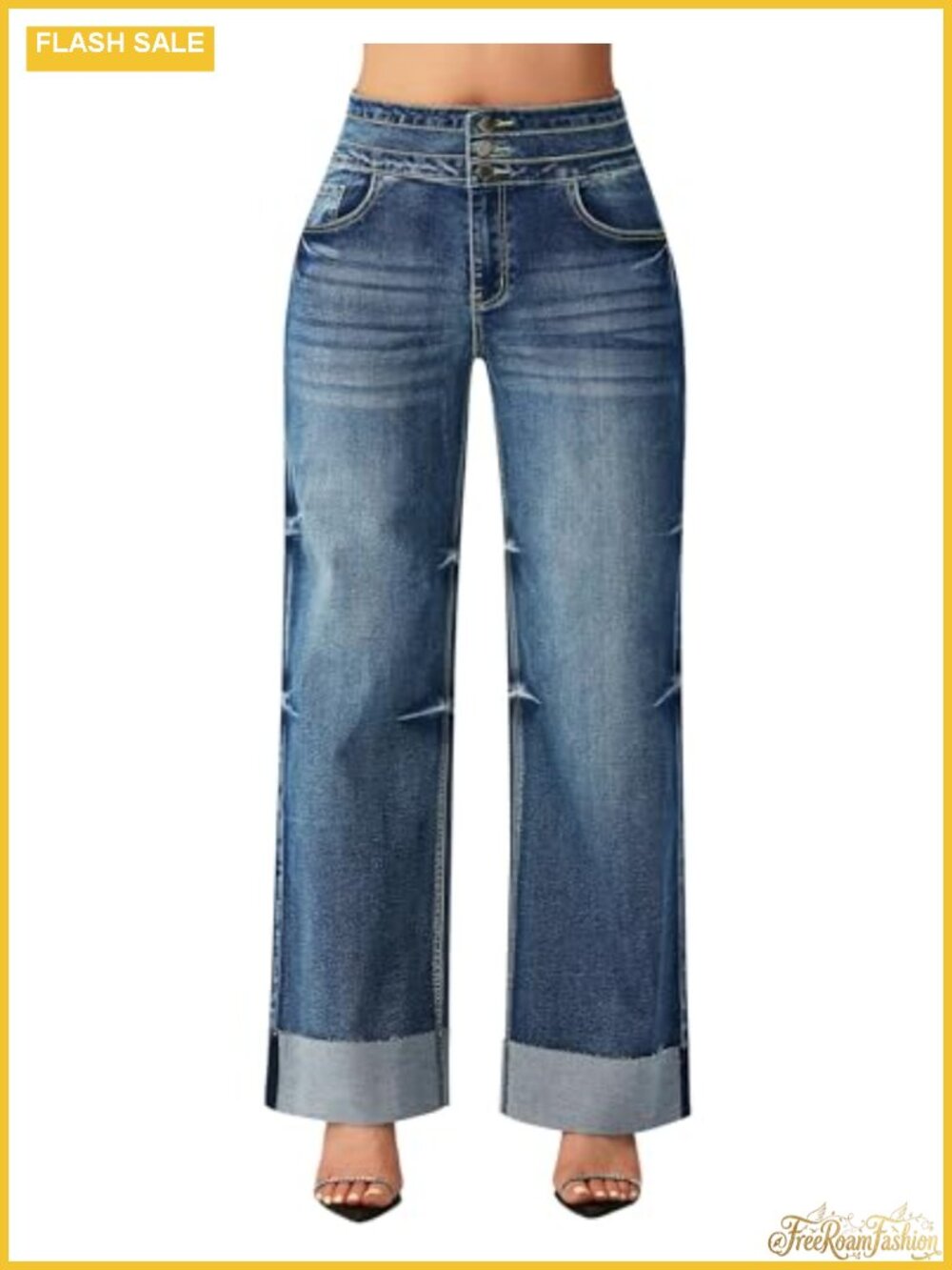 High Waisted Wide Leg Jeans with Cuffed Hem Stretchy Denim